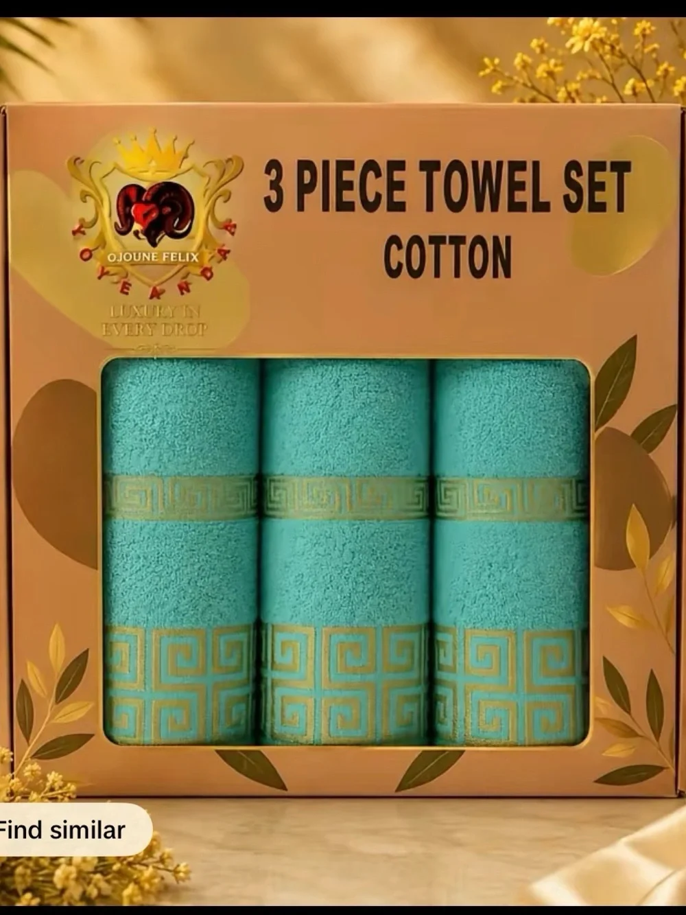3-Piece Cotton Towel Set - Aqua with Gold Trim